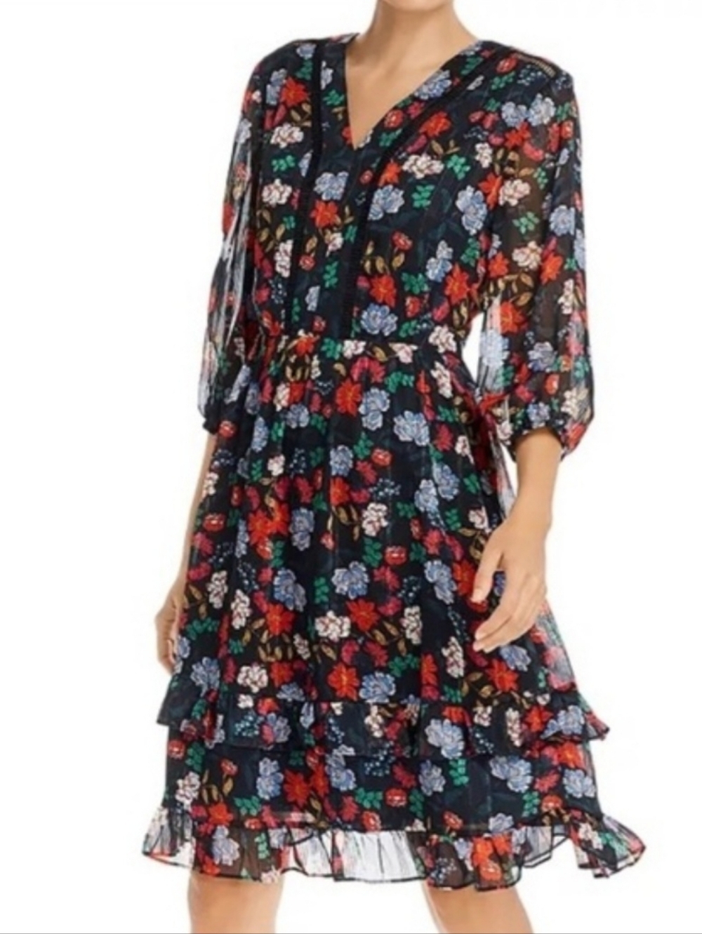Nanette Lepore Floral On Black V-Neck Midi Dress  8